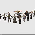 Diverse Characters In Various Costumes Stretching Arms Standing On Gradient Pink Orange Background