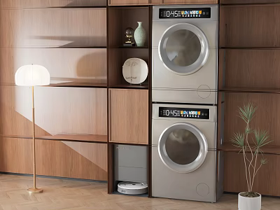 Modern Wooden Bathroom Cabinet Rack With Storage Shelf Decorative Vase Plant And Floor Lamp 3d model