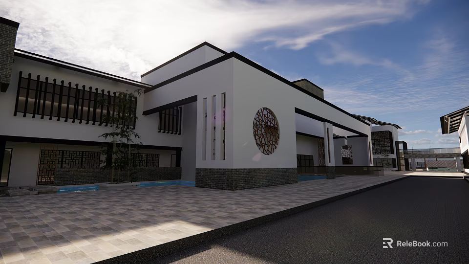Modern Building Exterior Design With White Walls Black Frames And Circular Decor 3d model