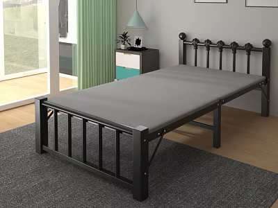 Black Metal Bed Frame With Gray Mattress In Modern Bedroom With Nightstand And Green Curtains 3d model