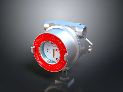 Industrial Pressure Gauge With Red Circular Dial And Silver Metal Housing 3d model
