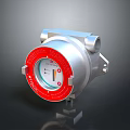 Industrial Pressure Gauge With Red Circular Dial And Silver Metal Housing