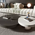 Modern Living Room Interior With Round Black And White Coffee Tables Green Plant And Lamp