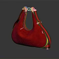 Red Leather Handbag Featuring Golden Metal Hardware And Green Red Striped Trim