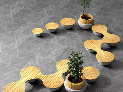 Contemporary Public Chairs Featuring Wooden Circular And Wavy Designs With Potted Plants On Gray Floor 3d model
