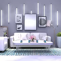 Modern Living Room With White Sofas Coffee Table TV And Purple Lighting Decorative Paintings