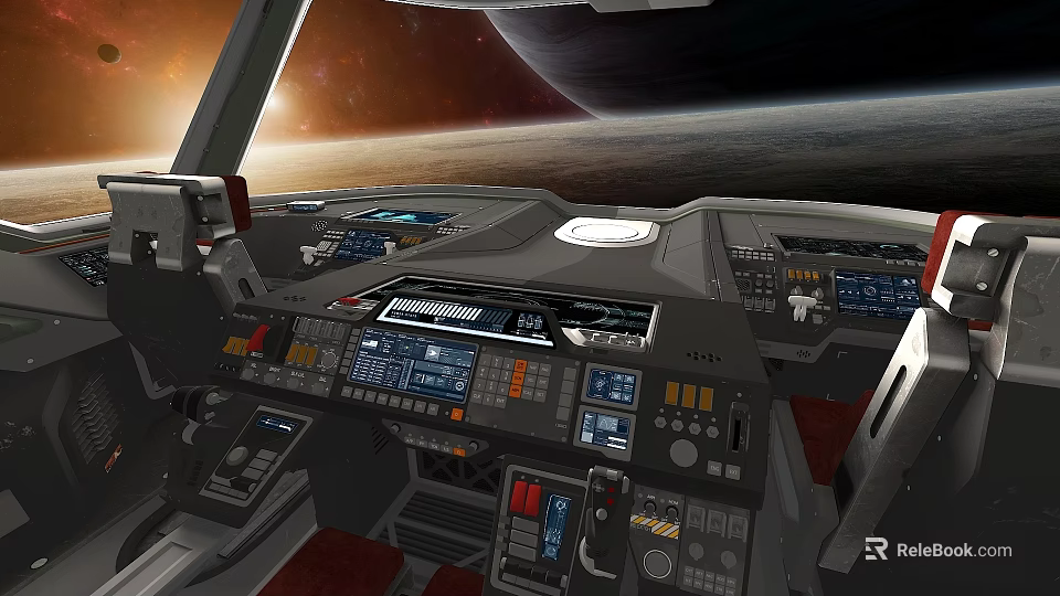 Futuristic Spacecraft Cockpit With Advanced Control Panels Digital Displays Against Cosmic Background 3d model 