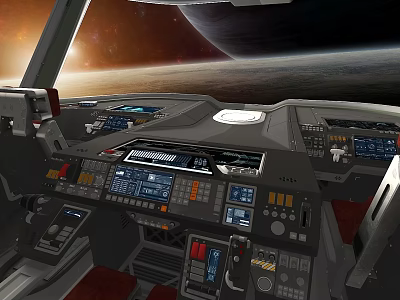 Futuristic Spacecraft Cockpit With Advanced Control Panels Digital Displays Against Cosmic Background 3d model