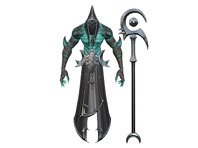 Mystical Creature Character In Green Black Armor With Spiked Hood And Crescent Staff 3d model