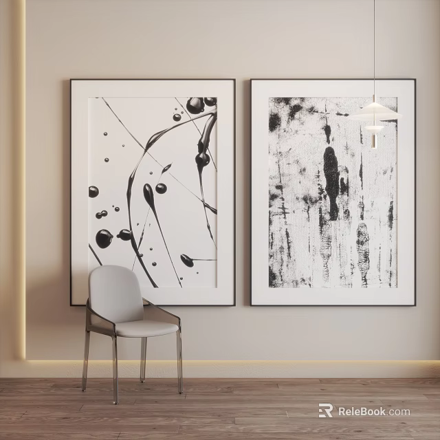 Abstract Art Wall Decor With Black White Paintings Gray Chair And Hanging Lamp 3d model 