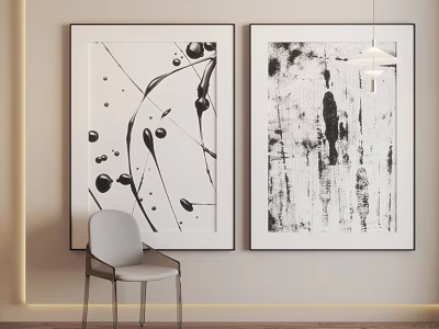 Abstract Art Wall Decor With Black White Paintings Gray Chair And Hanging Lamp 3d model