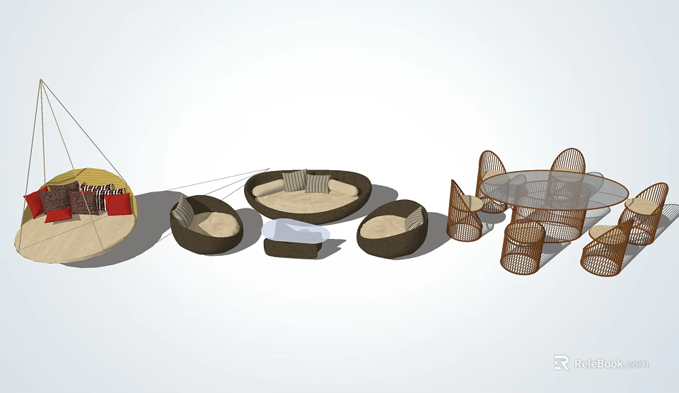 Modern Round Table and Chair Set with Woven Design and Multiple Styles 3d model