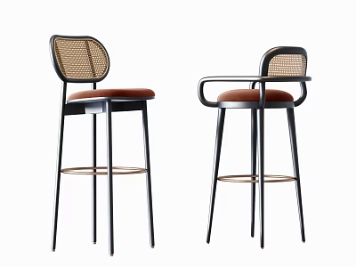 Modern Style Bar Stools With Black Metal Frame Brown Seat And Woven Backrest 3d model