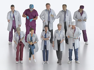 Group of Medical Professionals In White Coats And Colored Scrubs With Stethoscopes And Clipboards 3d model