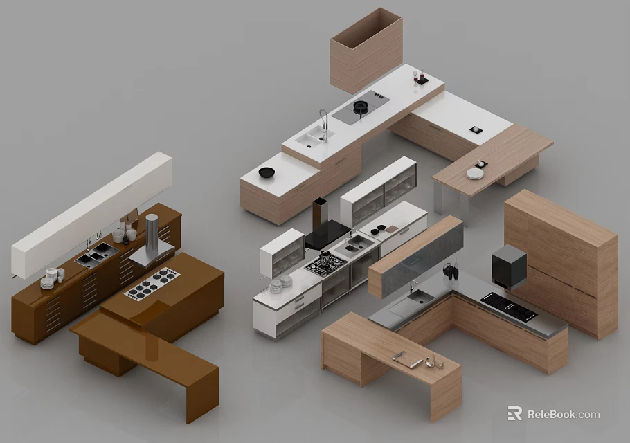 Modern Kitchen Cabinet Designs With Wooden And White Structural Elements 3d model