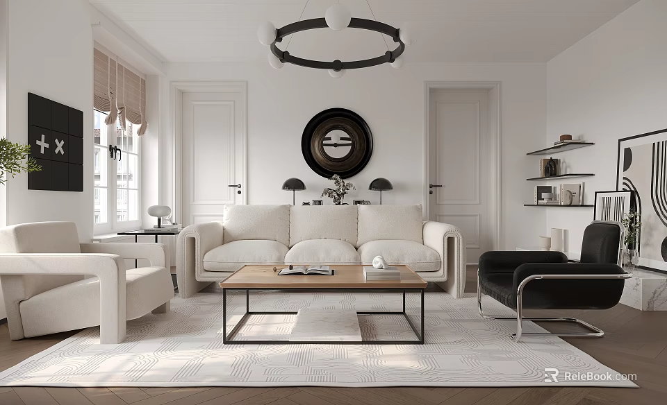 Modern Living Room Interior With White Sofa Black Armchair Wooden Coffee Table And Round Chandelier 3d model 