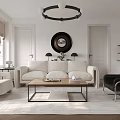 Modern Living Room Interior With White Sofa Black Armchair Wooden Coffee Table And Round Chandelier