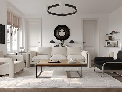 Modern Living Room Interior With White Sofa Black Armchair Wooden Coffee Table And Round Chandelier 3d model