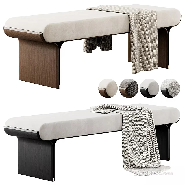 Modern Upholstered Bench With Beige Cushion Gray Blanket And Wooden Black Legs 3d model 