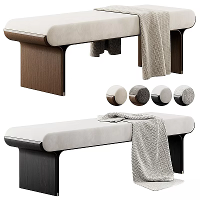 Modern Upholstered Bench With Beige Cushion Gray Blanket And Wooden Black Legs 3d model