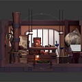Cartoon Room Scene With Purple Pink Interior Vintage Piano Wooden Desk And Cozy Sofa