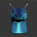 Fantasy Character Blue Dragon Head Sculpture With Glowing Scales And Sharp Spikes