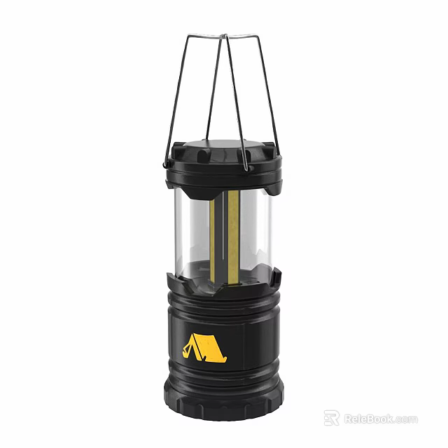 Outdoor Portable Black Camping Lantern With Transparent Cover And Yellow Tent Logo 3d model 