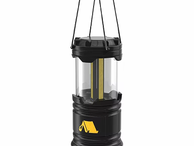 Outdoor Portable Black Camping Lantern With Transparent Cover And Yellow Tent Logo 3d model