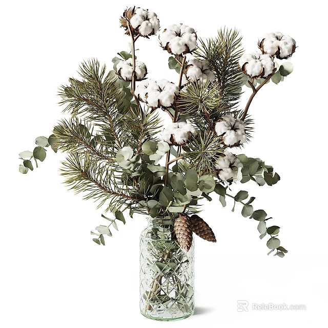 Decorative Clear Glass Vase With Cotton Flowers Pine Branches Eucalyptus Leaves And Pine Cones 3d model 