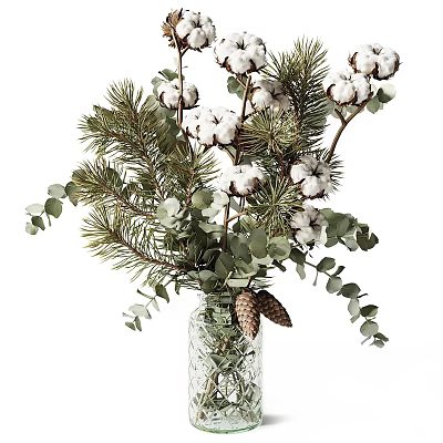 Decorative Clear Glass Vase With Cotton Flowers Pine Branches Eucalyptus Leaves And Pine Cones 3d model