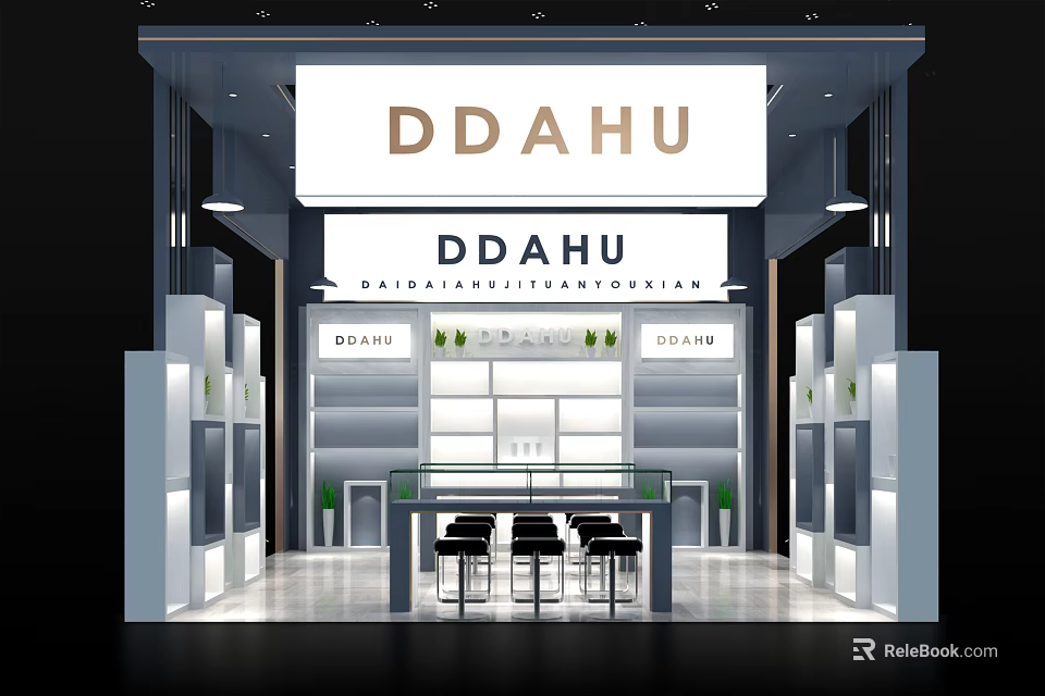 DDAHU Modern Exhibition Hall With Shelves Table Chairs And Well Lit Design 3d model 