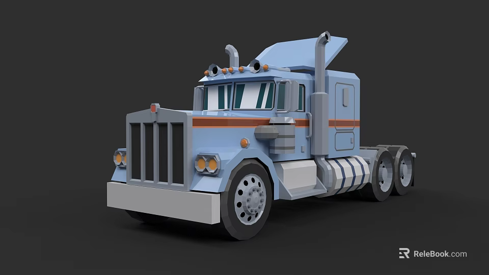 Blue Semi Truck Cartoon Style 3D Model With Classic Cab And Headlights 3d model 
