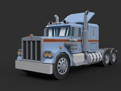 Blue Semi Truck Cartoon Style 3D Model With Classic Cab And Headlights 3d model