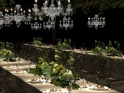 Elegant Dining Table Set With Long Tables Flower Decorations Green Plants And Chandeliers 3d model