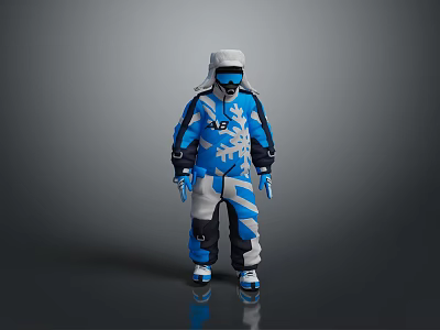 Blue And White Snowflake Pattern Ski Suit With Hooded Design And Winter Outfit 3d model