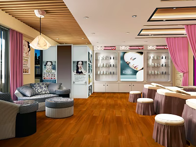 Modern Hair Beauty Salon Interior With Comfortable Sofa Area Display Shelves And Decorative Curtains 3d model