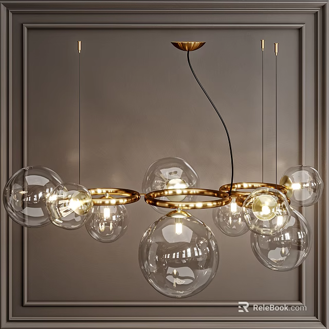 Modern Chandelier with Transparent Glass Balls and Golden Hoops Illuminated Design 3d model 