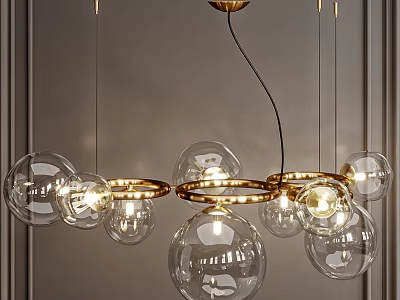 Modern Chandelier with Transparent Glass Balls and Golden Hoops Illuminated Design 3d model
