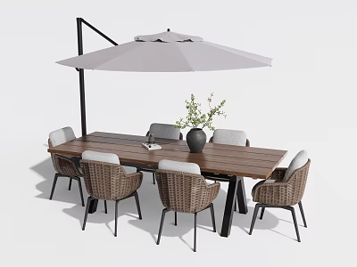 Outdoor Wooden Table And Wicker Chair Set With Umbrella Vase And Green Plant 3d model