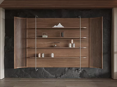 Wooden Wall Mounted Shelf with Metal Brackets and Decorative Containers on Gray Stone Wall 3d model