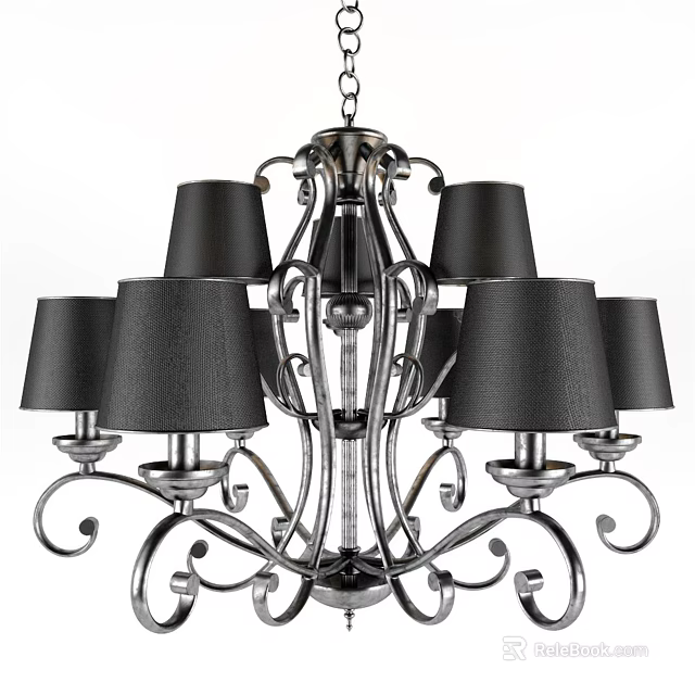 Elegant Black Lampshade Chandelier With Metallic Scroll Frame And Decorative Design 3d model 