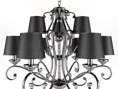Elegant Black Lampshade Chandelier With Metallic Scroll Frame And Decorative Design 3d model
