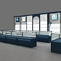 Modern Shopping Mall Store Interior With Glass Display Counters Blue Counters And Wall Digital Screens