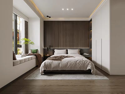 Modern Minimalist Bedroom Interior Design With Wooden Panel Wall Window Seat And Potted Plant 3d model