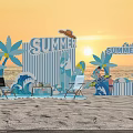 Summer Beach Photo Check-in Spot With Striped Backdrop Palm Trees Surfboards And Beach Chairs