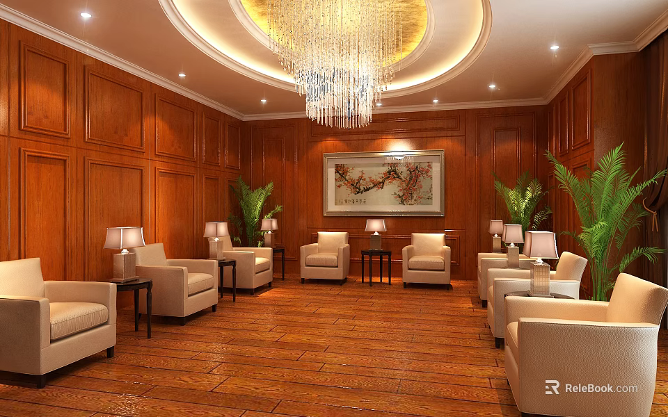 Hotel Public Lounge Area With Wooden Panel Walls Beige Sofas Crystal Chandelier And Green Plants 3d model 