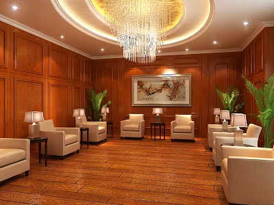 Hotel Public Lounge Area With Wooden Panel Walls Beige Sofas Crystal Chandelier And Green Plants 3d model
