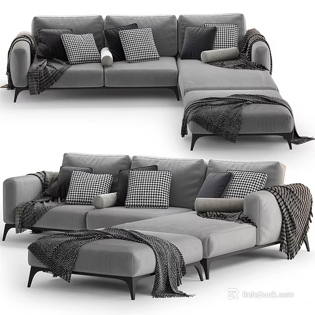 Modern Gray Sectional Sofa Interior With Checkered Pillows And Cozy Blankets 3d model