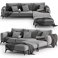 Modern Gray Sectional Sofa Interior With Checkered Pillows And Cozy Blankets 3d model