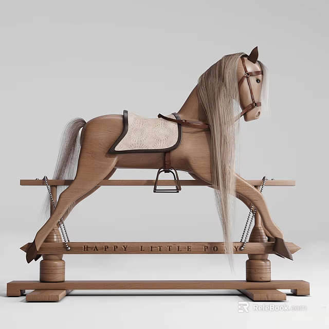 Cute Wooden Rocking Horse With Long Mane Tail And Happy Little Pony Sign 3d model 